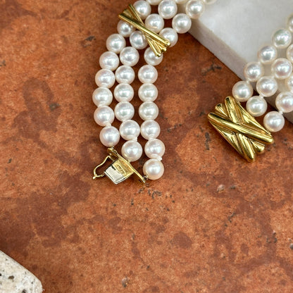 Estate 18KT Yellow Gold Three Strand Pearl + "X" Links Bracelet