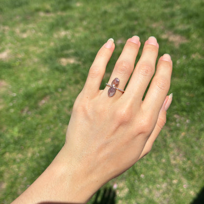 14KT Rose Gold Bezel Oval Geometric Gray Diamond Slice with Small White Diamonds Band Ring