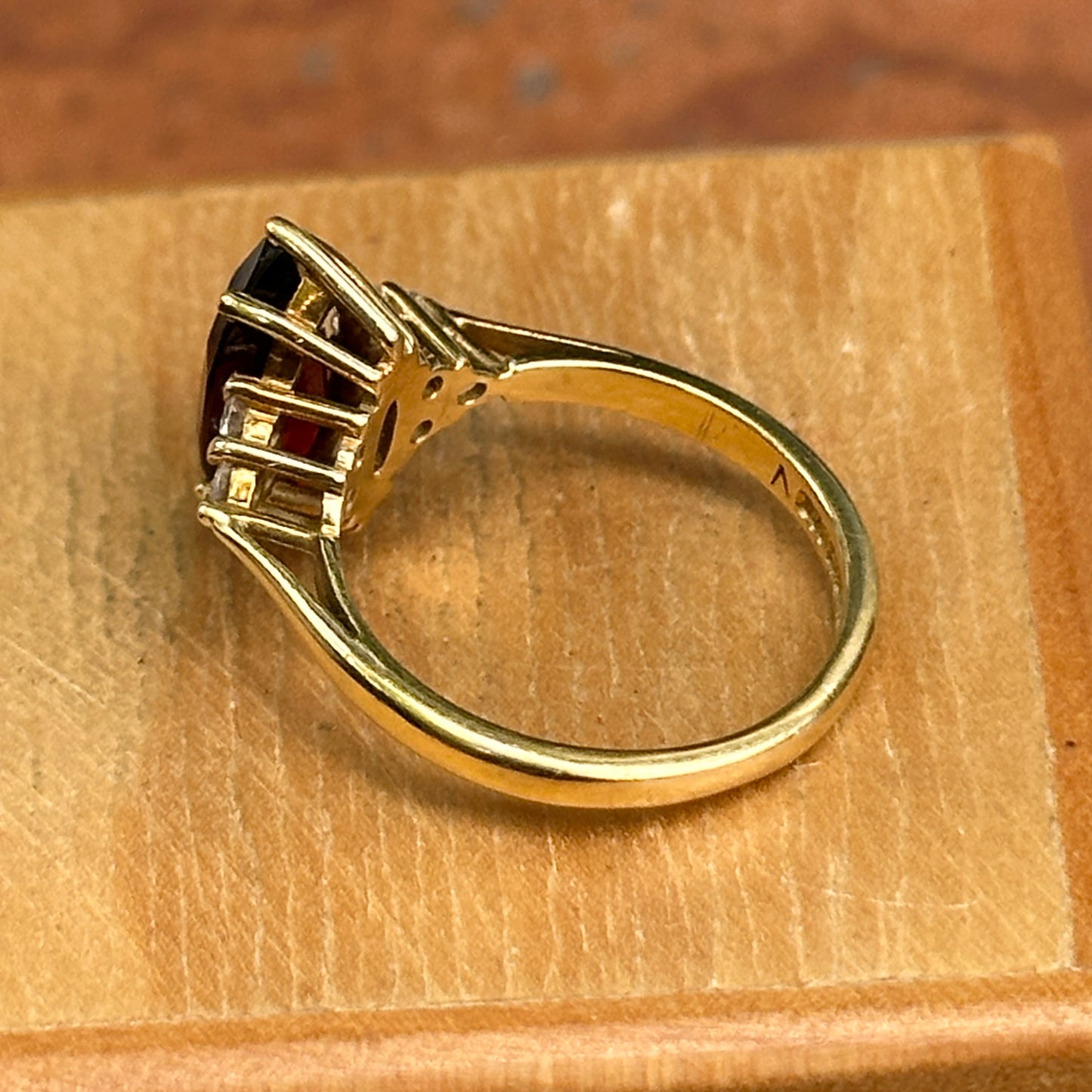 Estate 18KT Yellow Gold Marquise Garnet + Diamond Ring