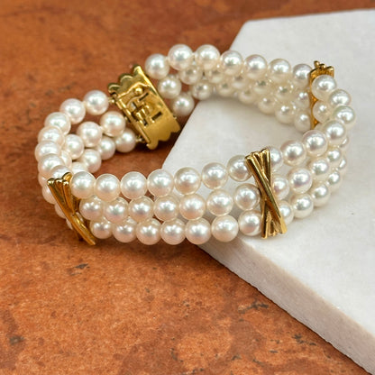 Estate 18KT Yellow Gold Three Strand Pearl + "X" Links Bracelet