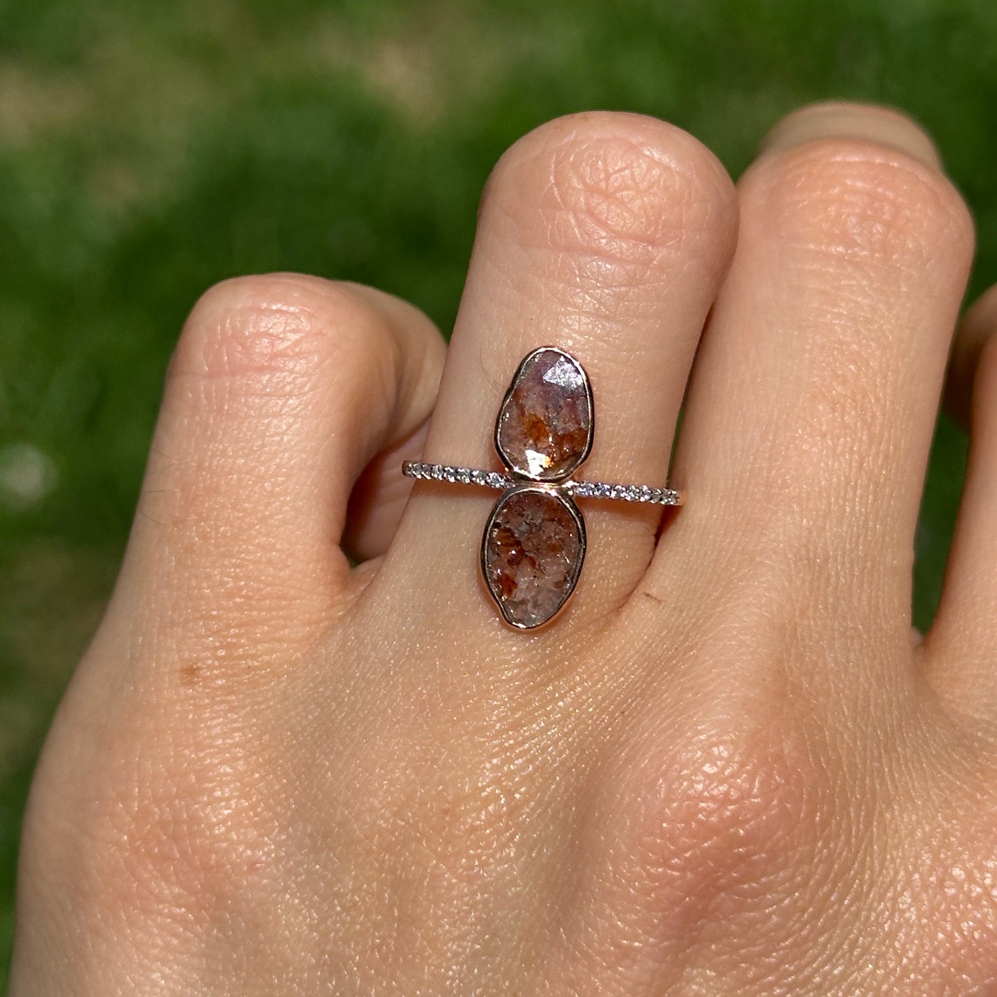 14KT Rose Gold Bezel Oval Geometric Gray Diamond Slice with Small White Diamonds Band Ring