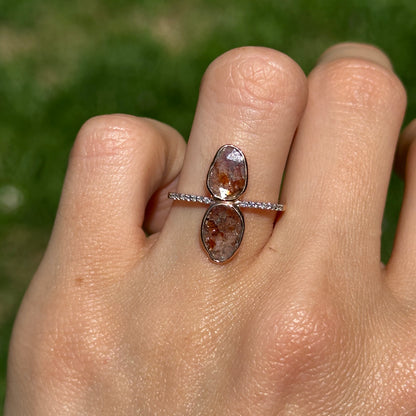 14KT Rose Gold Bezel Oval Geometric Gray Diamond Slice with Small White Diamonds Band Ring
