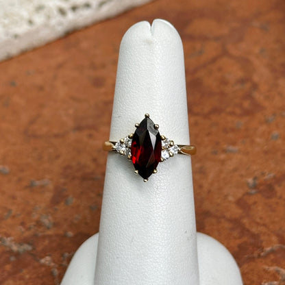 Estate 18KT Yellow Gold Marquise Garnet + Diamond Ring