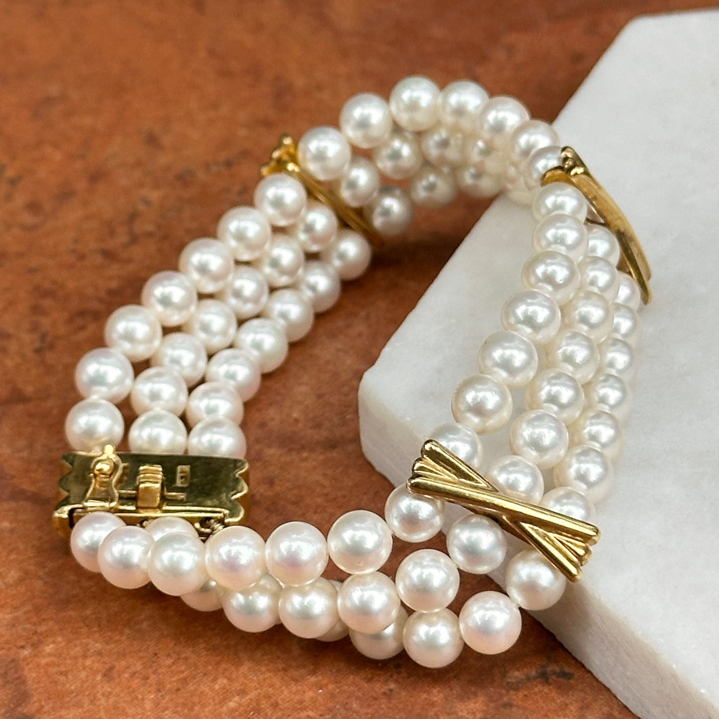 Estate 18KT Yellow Gold Three Strand Pearl + "X" Links Bracelet