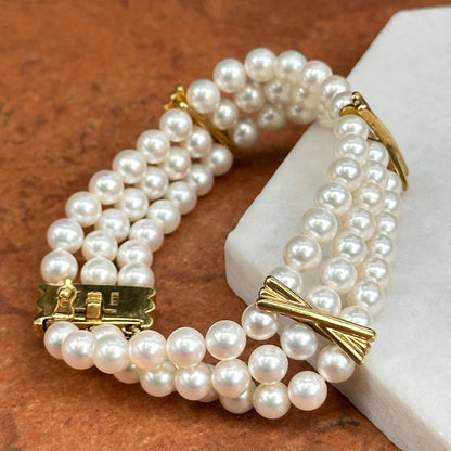 Estate 18KT Yellow Gold Three Strand Pearl + "X" Links Bracelet
