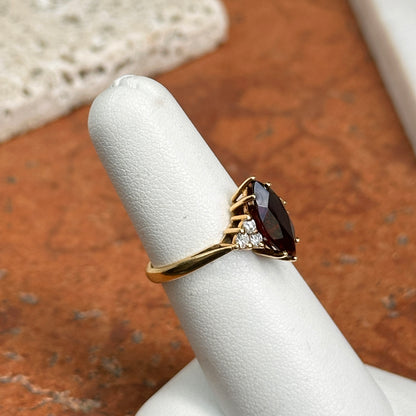 Estate 18KT Yellow Gold Marquise Garnet + Diamond Ring