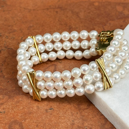 Estate 18KT Yellow Gold Three Strand Pearl + "X" Links Bracelet