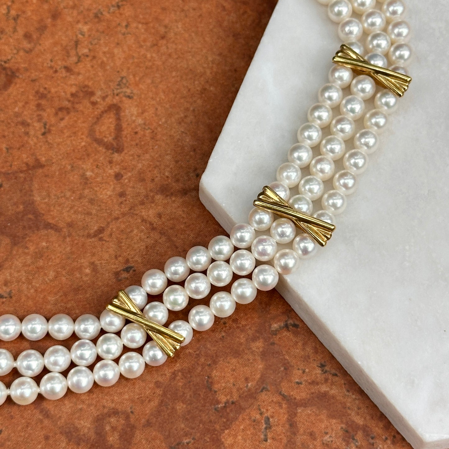 Estate 18KT Yellow Gold Three Strand Pearl + "X" Links Bracelet