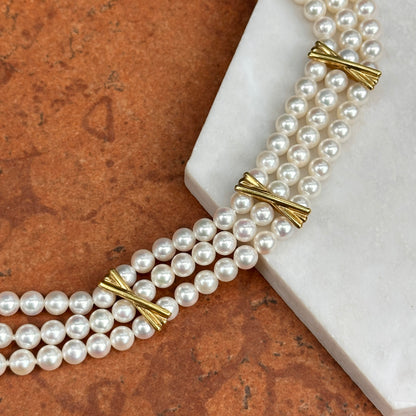 Estate 18KT Yellow Gold Three Strand Pearl + "X" Links Bracelet