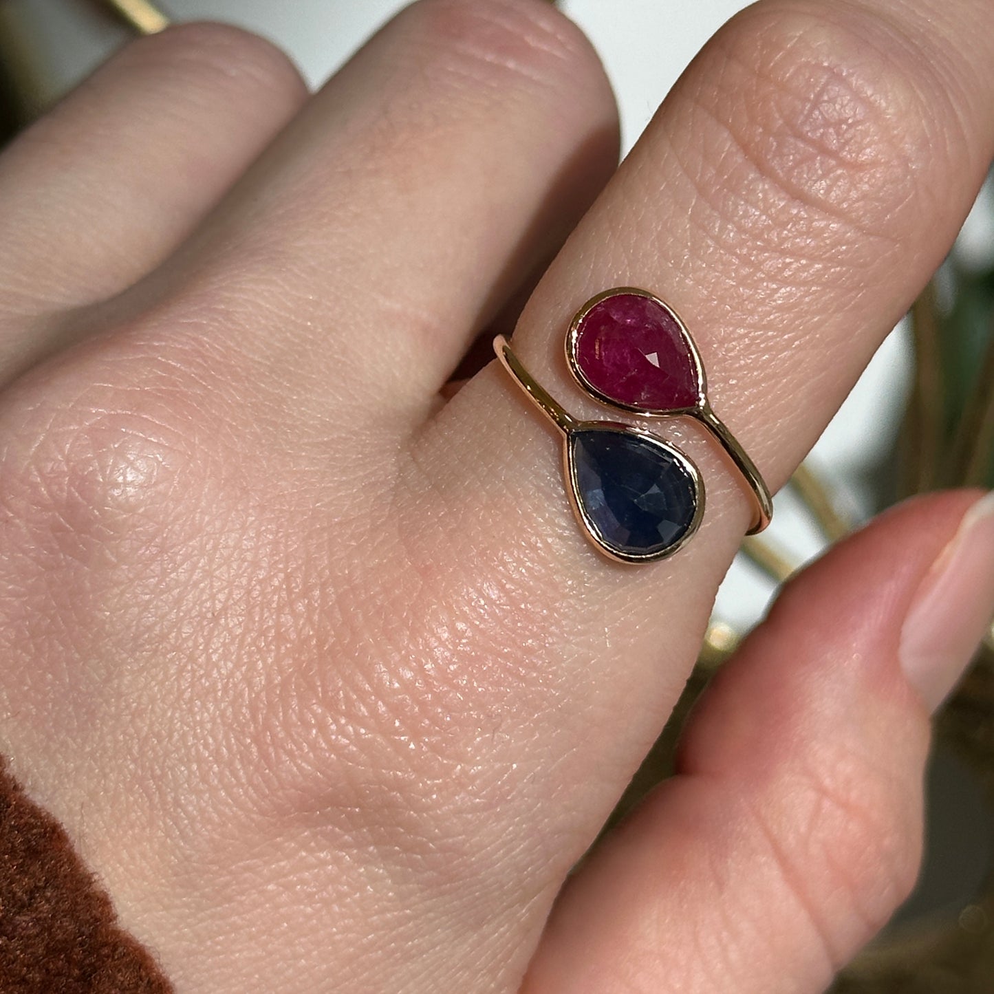 18KT Yellow Gold Pear Sapphire + Ruby Bypass Ring