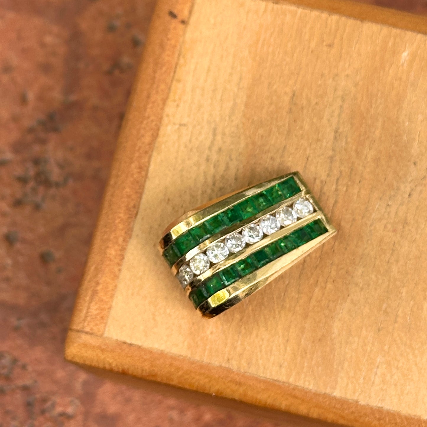 Estate 14KT Yellow Gold Emerald + Diamond Channel-Set Slide Pendant
