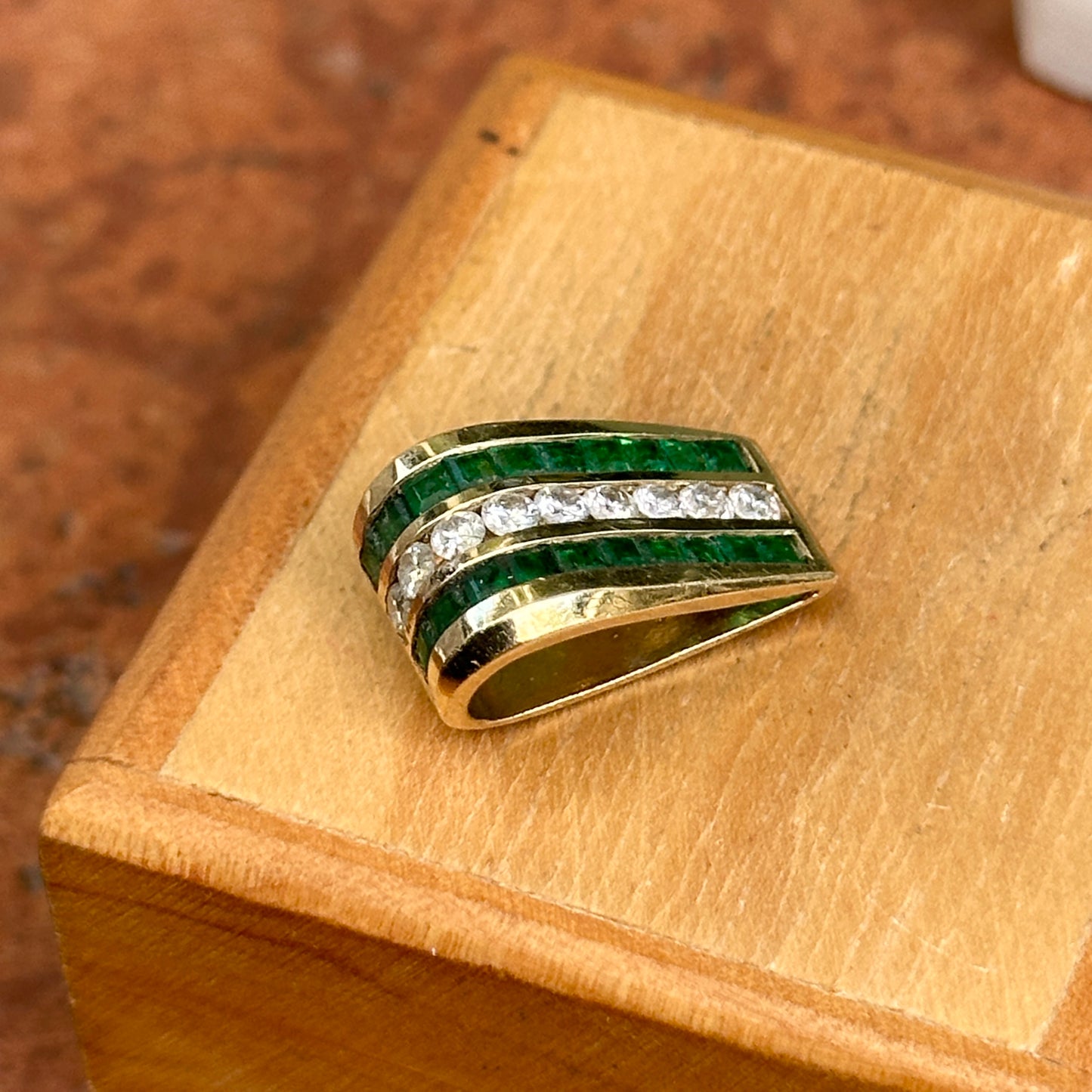 Estate 14KT Yellow Gold Emerald + Diamond Channel-Set Slide Pendant