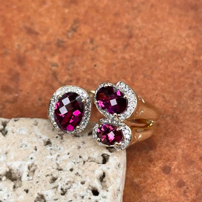 Estate 14KT Yellow Gold Checkerboard Rhodolite Garnets + Diamond Halo Band Ring