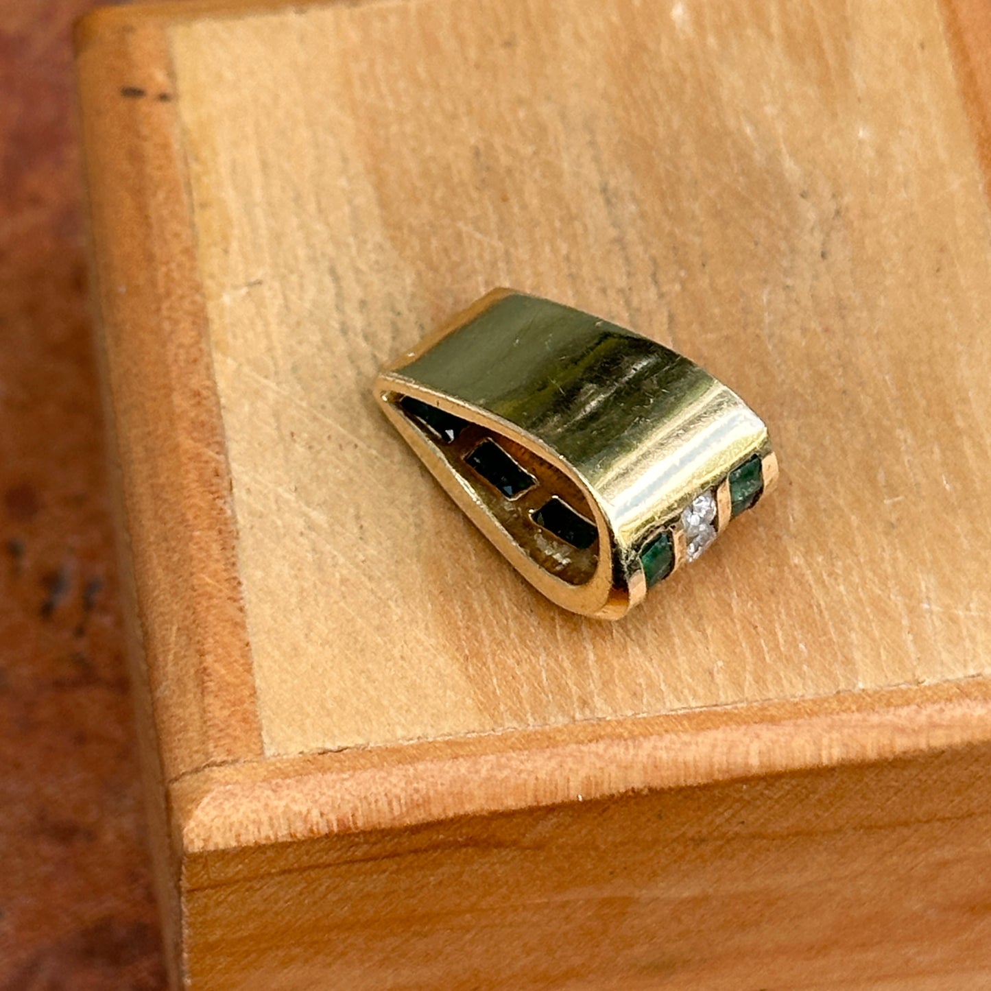 Estate 14KT Yellow Gold Emerald + Diamond Channel-Set Slide Pendant