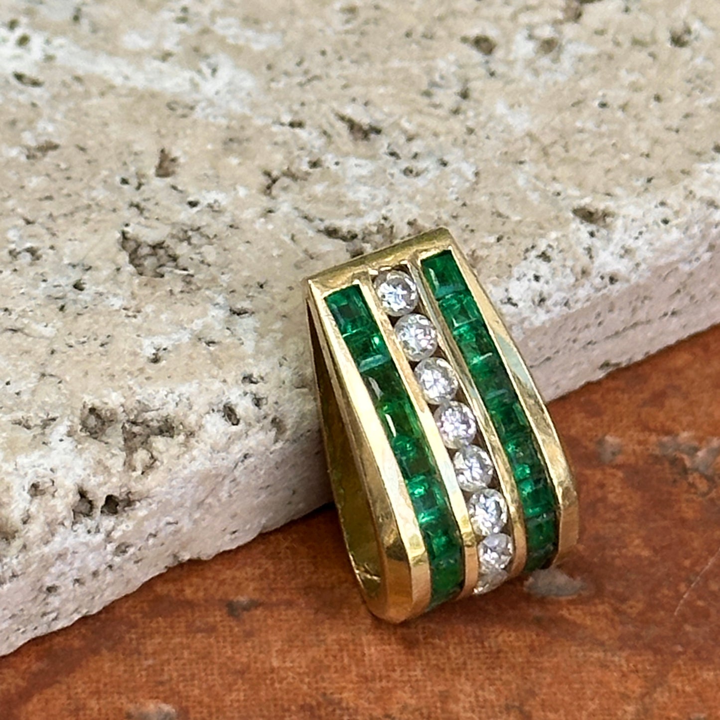 Estate 14KT Yellow Gold Emerald + Diamond Channel-Set Slide Pendant