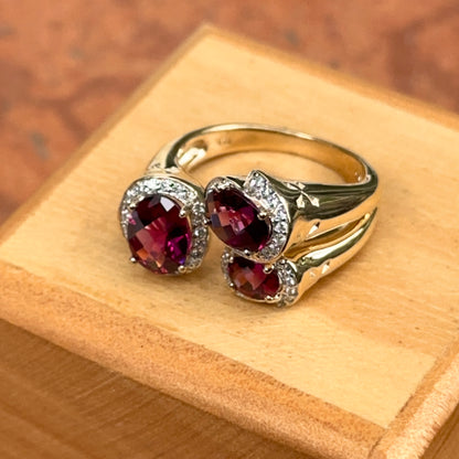 Estate 14KT Yellow Gold Checkerboard Rhodolite Garnets + Diamond Halo Band Ring