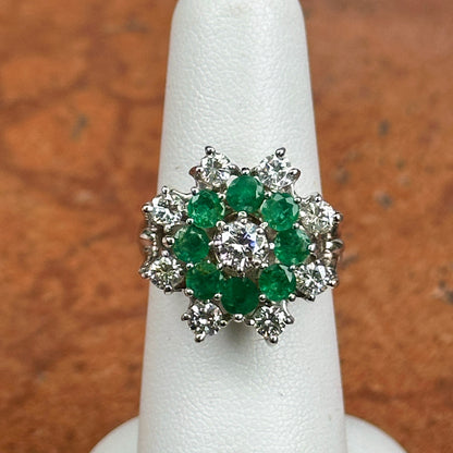 Mid Century 14KT White Gold Round Emerald + Round Diamond Ballerina Ring