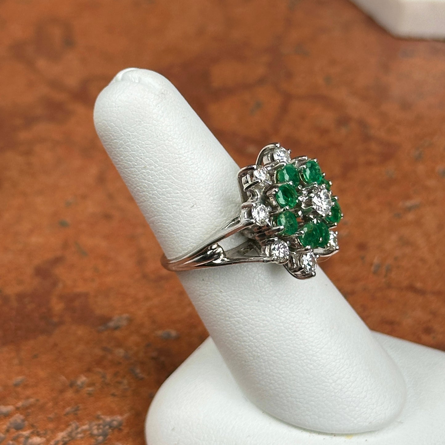 Mid Century 14KT White Gold Round Emerald + Round Diamond Ballerina Ring