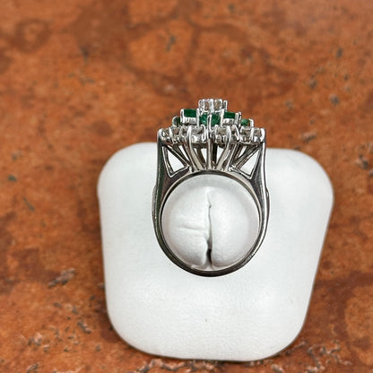 Mid Century 14KT White Gold Round Emerald + Round Diamond Ballerina Ring