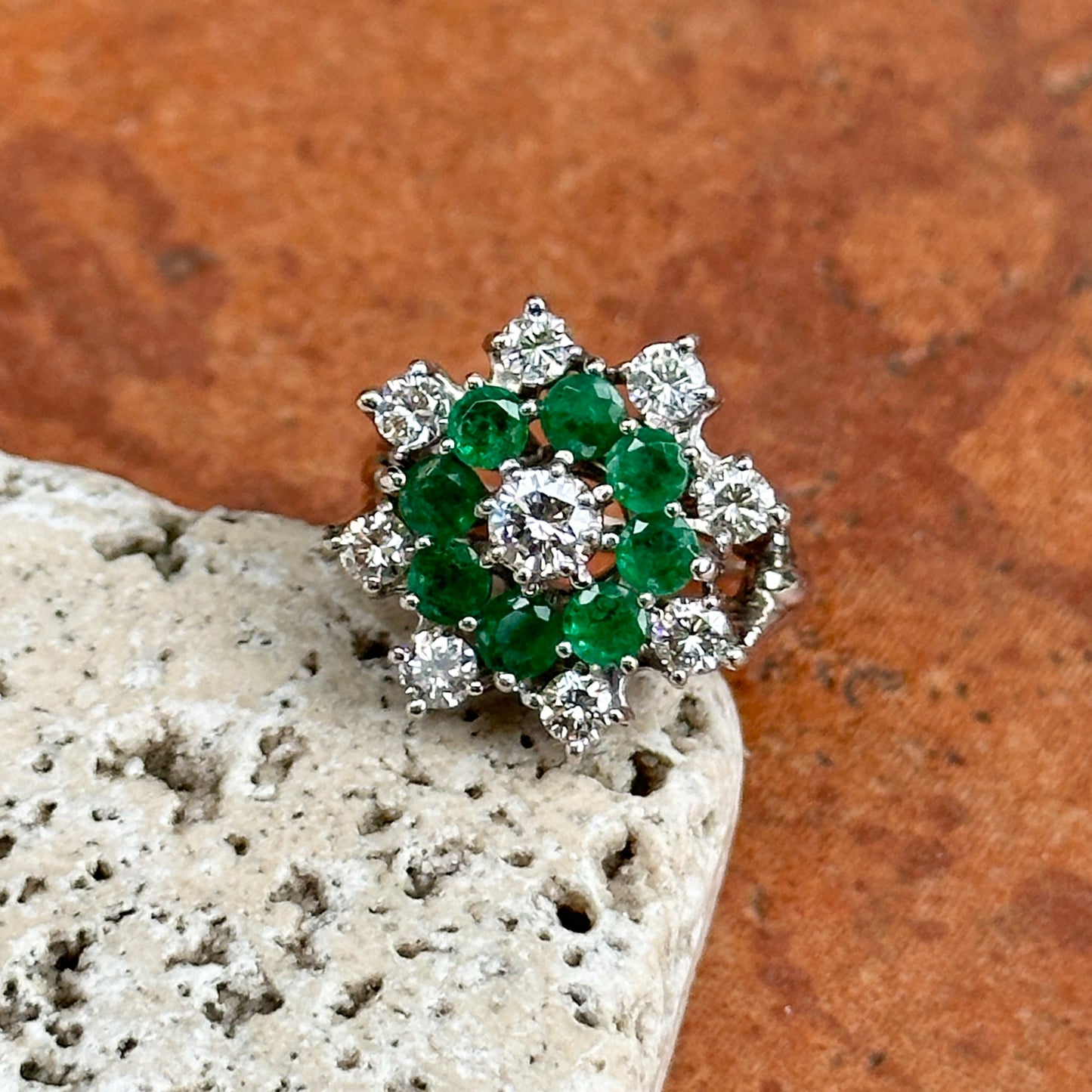 Mid Century 14KT White Gold Round Emerald + Round Diamond Ballerina Ring