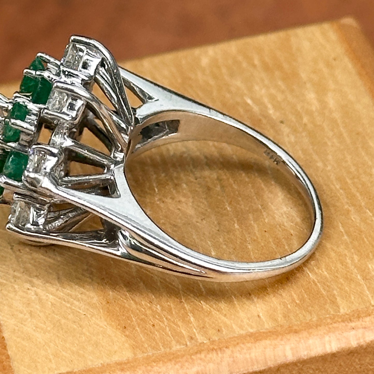 Mid Century 14KT White Gold Round Emerald + Round Diamond Ballerina Ring