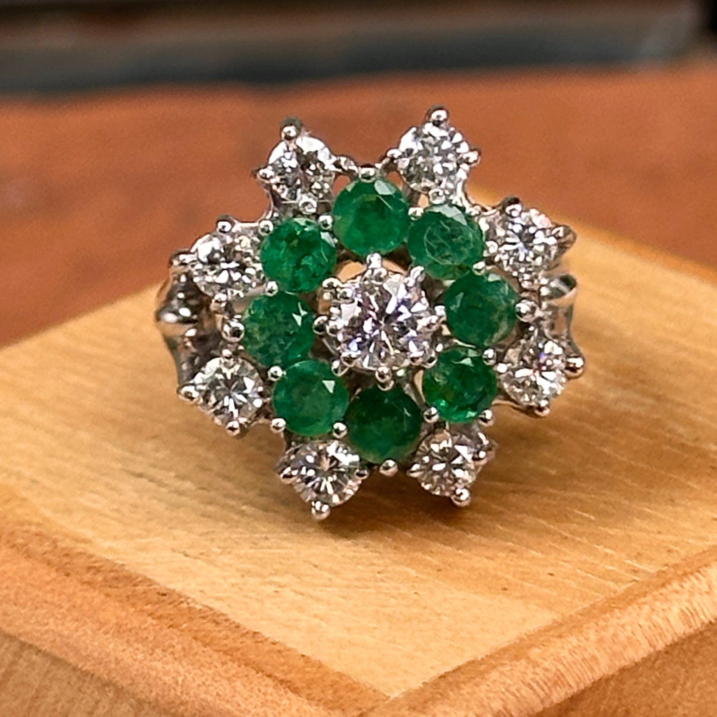 Mid Century 14KT White Gold Round Emerald + Round Diamond Ballerina Ring