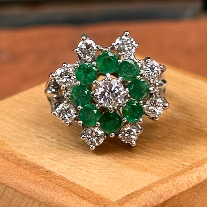 Mid Century 14KT White Gold Round Emerald + Round Diamond Ballerina Ring