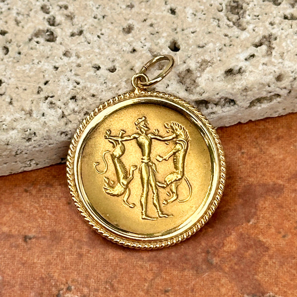 Estate 18KT Yellow Gold Byzantine Man with 2 Lions Concave Coin Pendant
