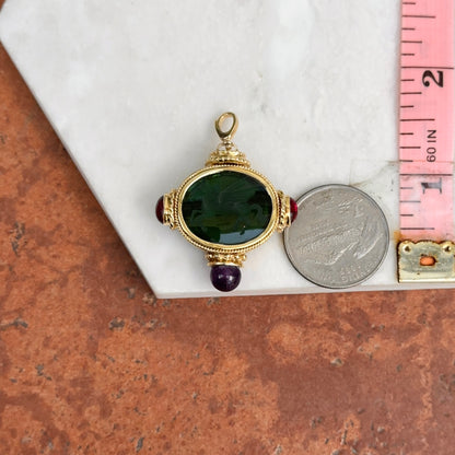 Estate 18KT Yellow Gold Venetian Glass Pegasus + Amethyst and Garnet Double Sided Pendant