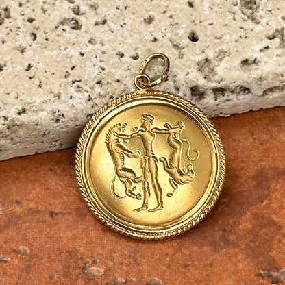 Estate 18KT Yellow Gold Byzantine Man with 2 Lions Concave Coin Pendant