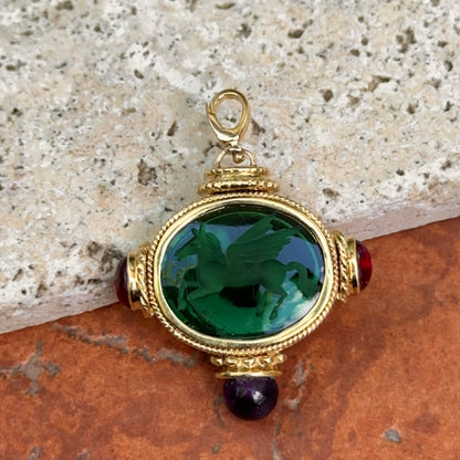 Estate 18KT Yellow Gold Venetian Glass Pegasus + Amethyst and Garnet Double Sided Pendant