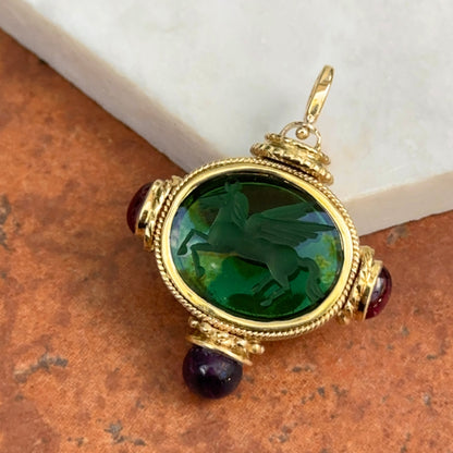 Estate 18KT Yellow Gold Venetian Glass Pegasus + Amethyst and Garnet Double Sided Pendant