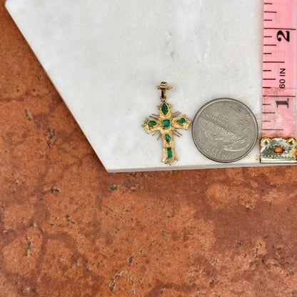 Estate 18KT Yellow Gold Multi Shaped Emerald Ornate Cross Pendant