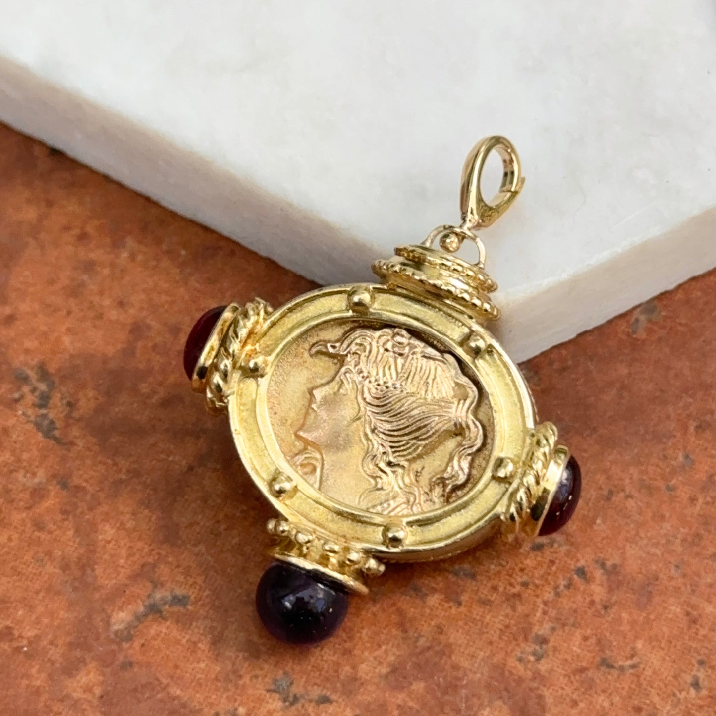 Estate 18KT Yellow Gold Venetian Glass Pegasus + Amethyst and Garnet Double Sided Pendant