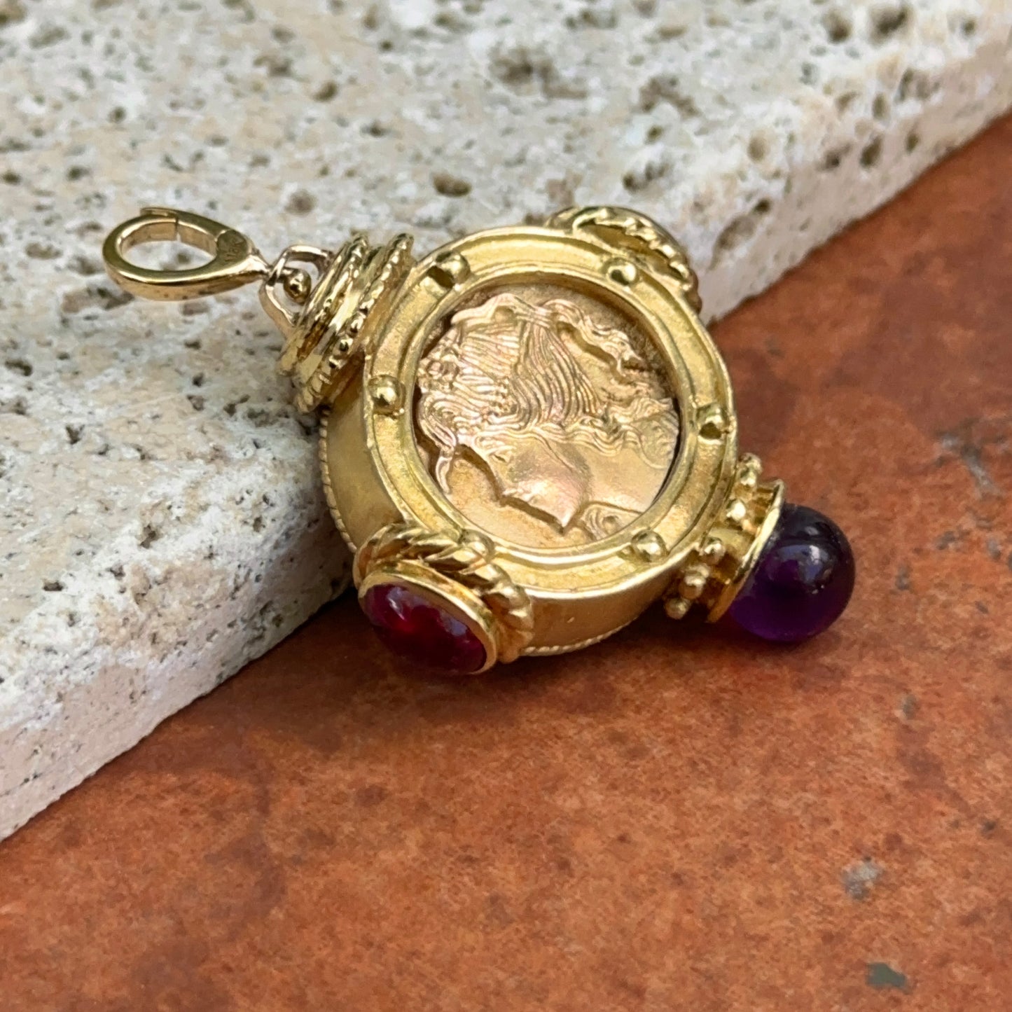Estate 18KT Yellow Gold Venetian Glass Pegasus + Amethyst and Garnet Double Sided Pendant