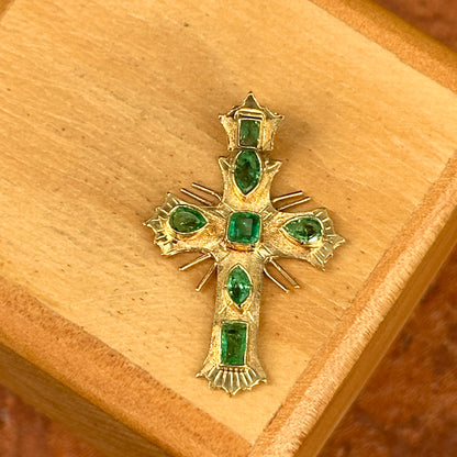 Estate 18KT Yellow Gold Multi Shaped Emerald Ornate Cross Pendant