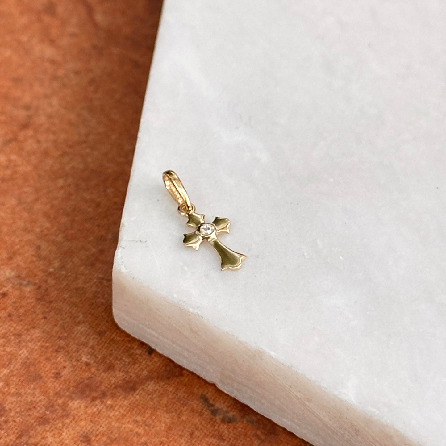 14KT Yellow Gold Mini CZ Stone Cross Pendant Charm