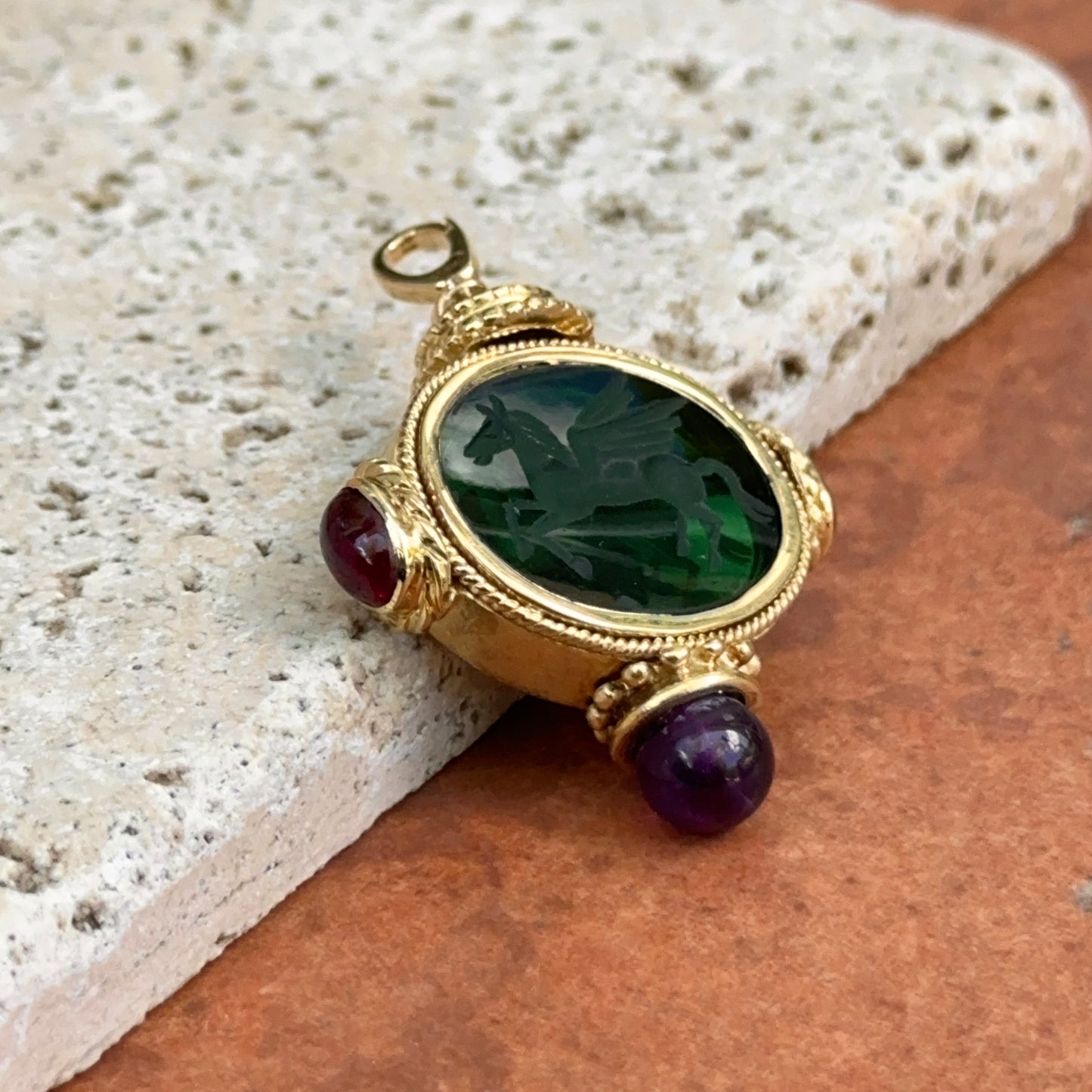 Estate 18KT Yellow Gold Venetian Glass Pegasus + Amethyst and Garnet Double Sided Pendant