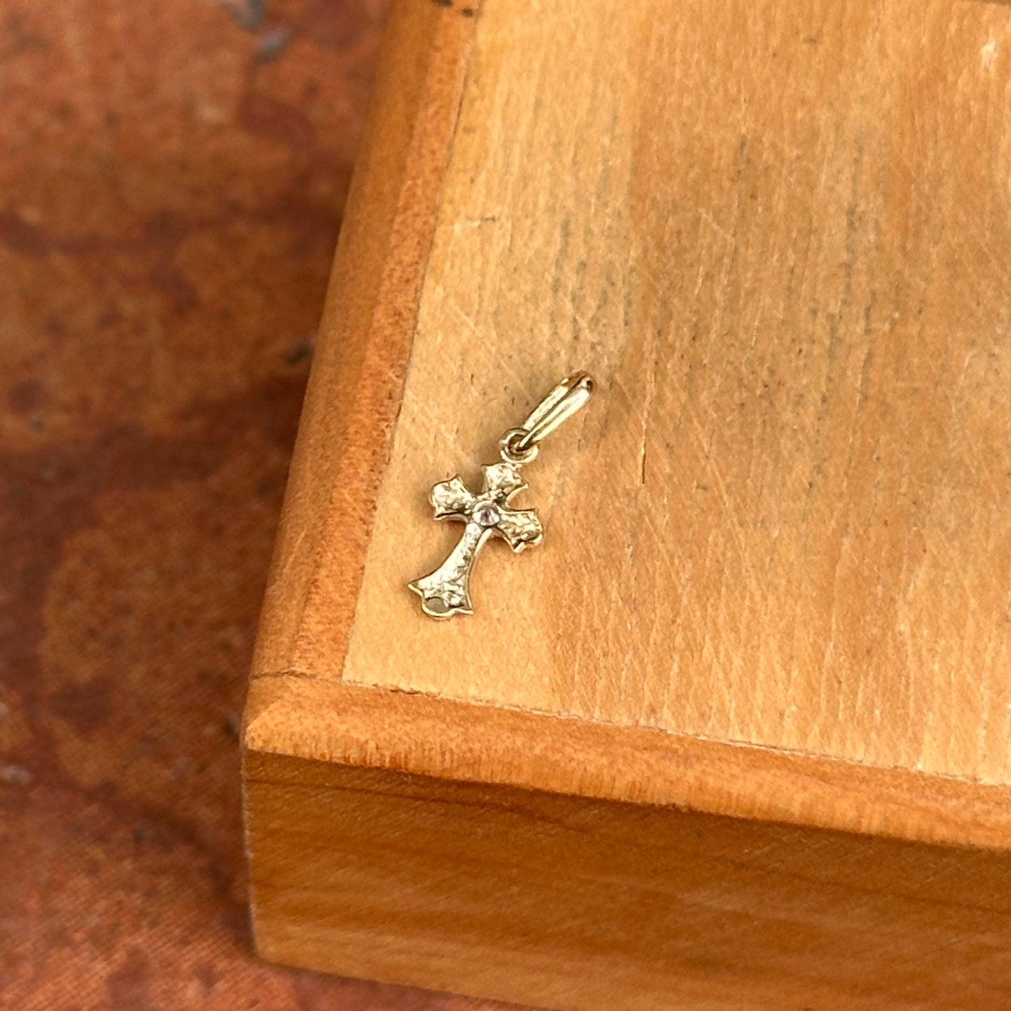 14KT Yellow Gold Mini CZ Stone Cross Pendant Charm