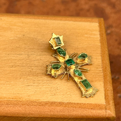 Estate 18KT Yellow Gold Multi Shaped Emerald Ornate Cross Pendant