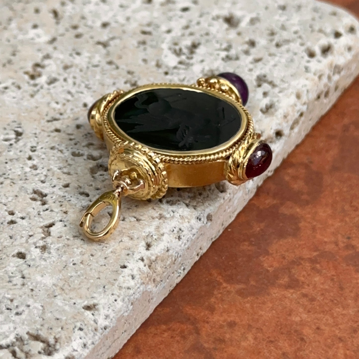 Estate 18KT Yellow Gold Venetian Glass Pegasus + Amethyst and Garnet Double Sided Pendant