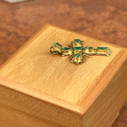 Estate 18KT Yellow Gold Multi Shaped Emerald Ornate Cross Pendant