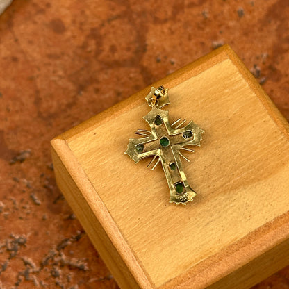 Estate 18KT Yellow Gold Multi Shaped Emerald Ornate Cross Pendant