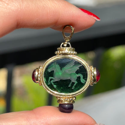 Estate 18KT Yellow Gold Venetian Glass Pegasus + Amethyst and Garnet Double Sided Pendant