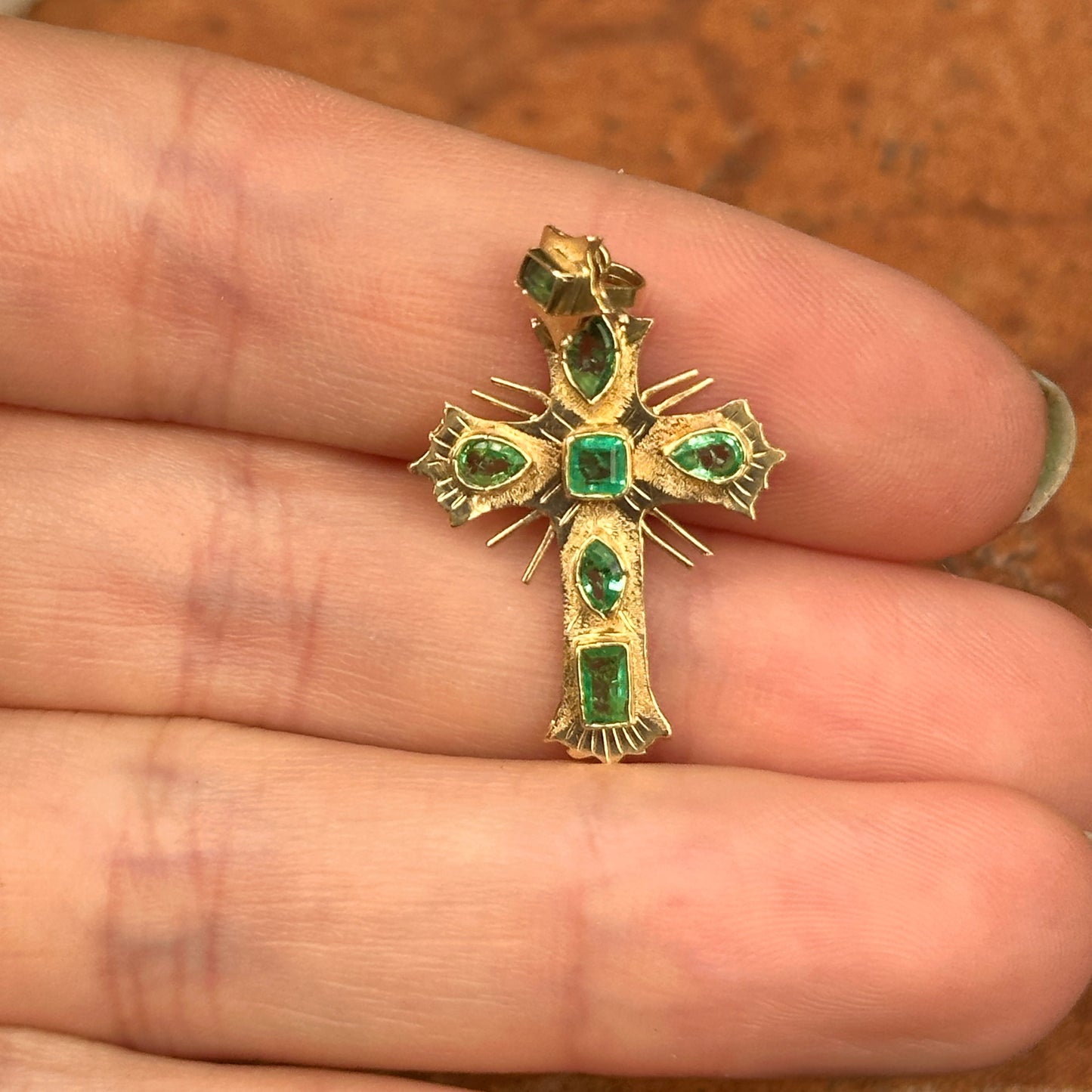 Estate 18KT Yellow Gold Multi Shaped Emerald Ornate Cross Pendant