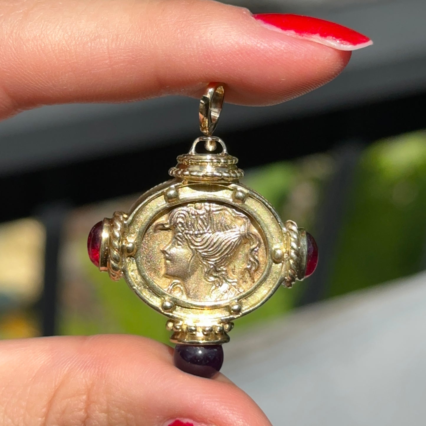 Estate 18KT Yellow Gold Venetian Glass Pegasus + Amethyst and Garnet Double Sided Pendant