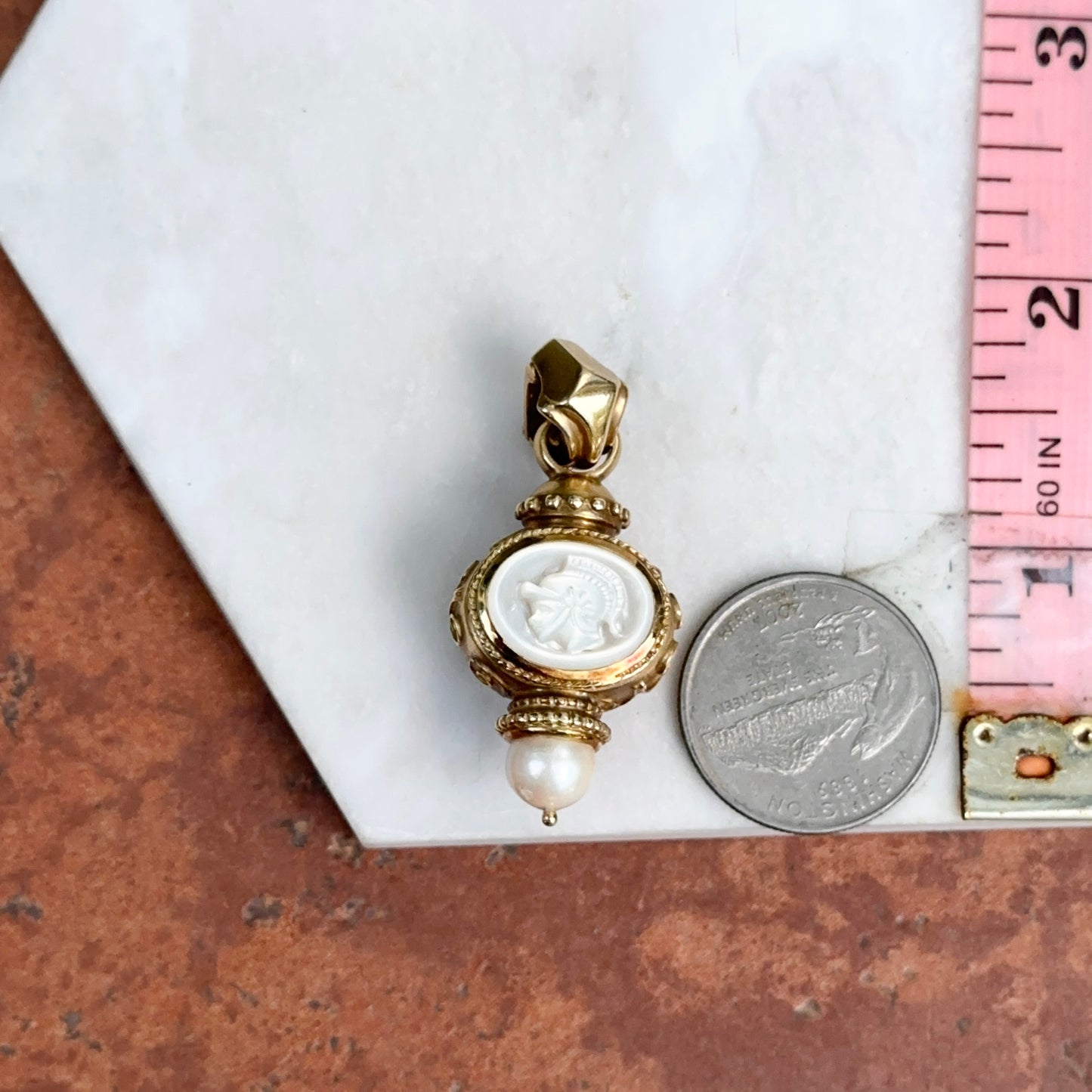 Estate 18KT Yellow Gold Carved Mother of Pearl Intaglio Pendant Enhancer