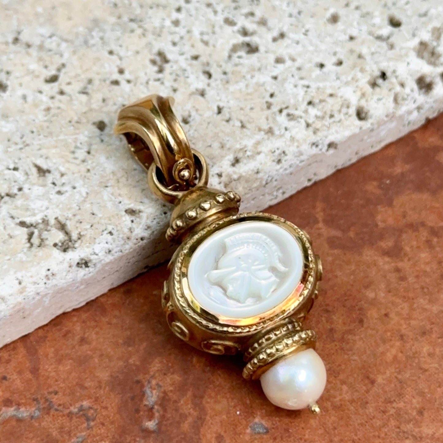 Estate 18KT Yellow Gold Carved Mother of Pearl Intaglio Pendant Enhancer