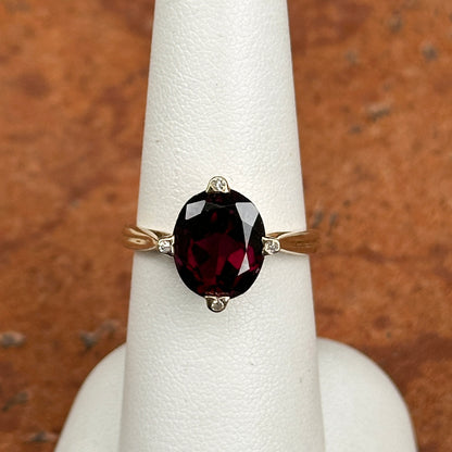 Estate 14KT Yellow Gold Oval Faceted Raspberry Garnet + Diamond Ring