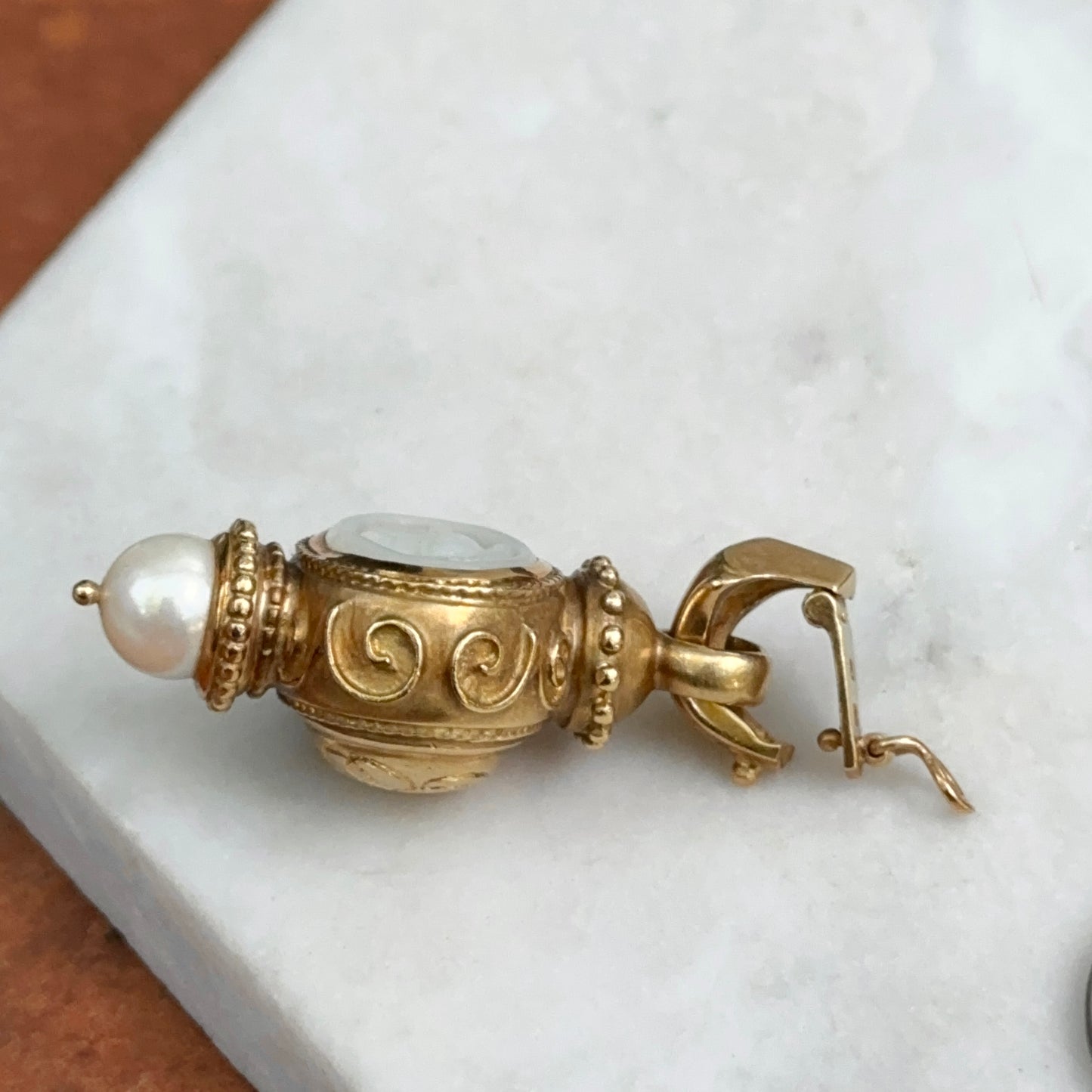 Estate 18KT Yellow Gold Carved Mother of Pearl Intaglio Pendant Enhancer